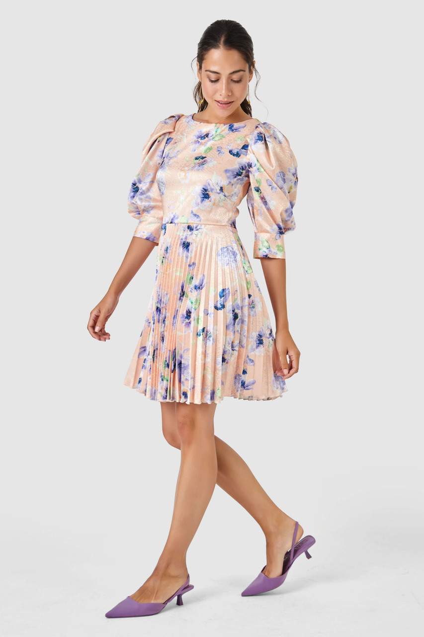 Peach Floral Print Mini Pleated Dress